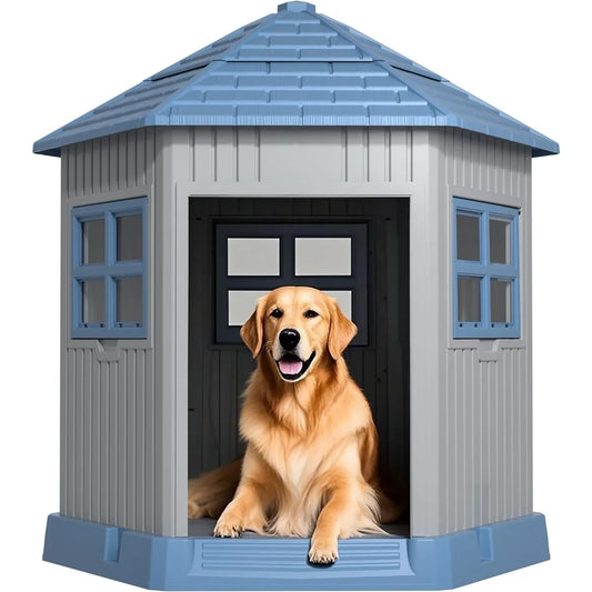 Dog House Indoor Outdoor Durable Large Dog Shelter with Outside Dog Kennel with Window and Elevated Floor for Small Medium Dogs