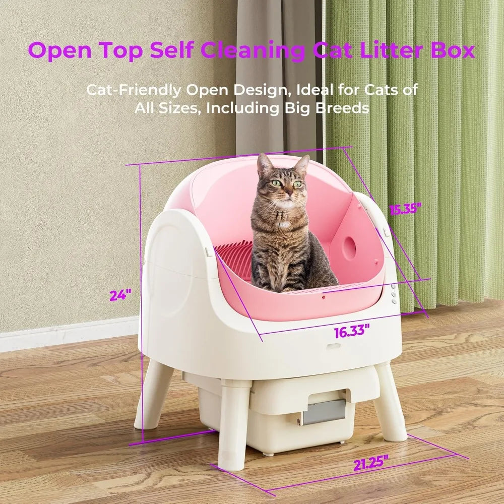 Cleaning Cat Litter Box, Open Top Automatic Litter Box for Multiple Cats, Liners and Mat Included, Pink
