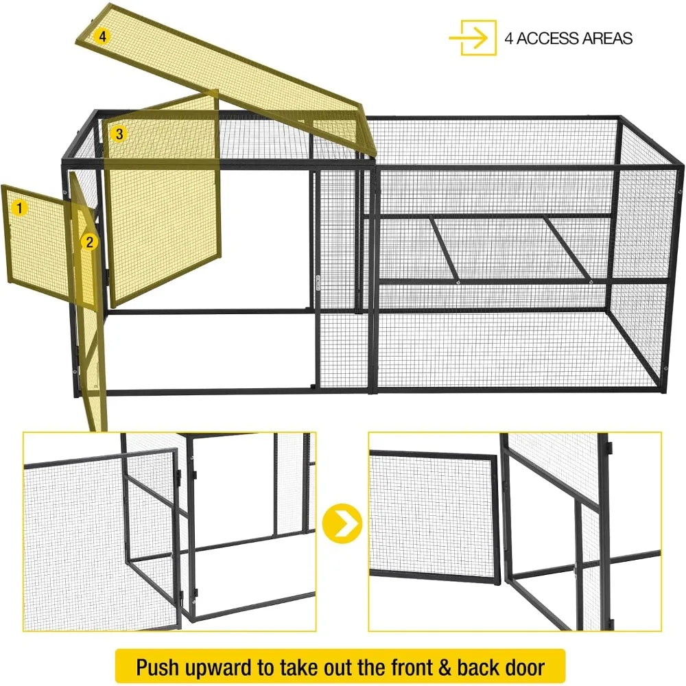 71 Chicken Coop Run Extension Metal Frame with Perches, Outdoor Rabbit Run Duck House Enclosure with Detachable Door