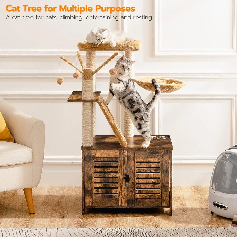 Cat Tree with Litter Box Enclosure, 44 Tall Wooden Cat Tower with Scratching Posts, Cat Hammock, Hidden Litter Box Furnit