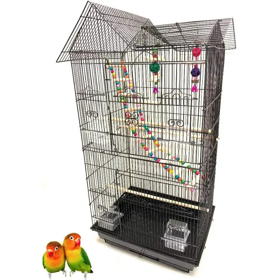 37Inch Portable Double Roof Top Hanging Flight Bird Cage with Playing Toys for Small Parrot Cockatiel Sun Quaker Parakeet Green