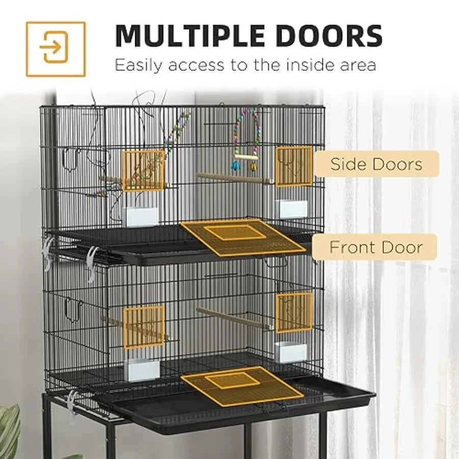 Double Stackable Bird Cage with Stand Featuring Wooden Swing Rope Ladder and Wheels Designed for Canaries Lovebirds Finches and