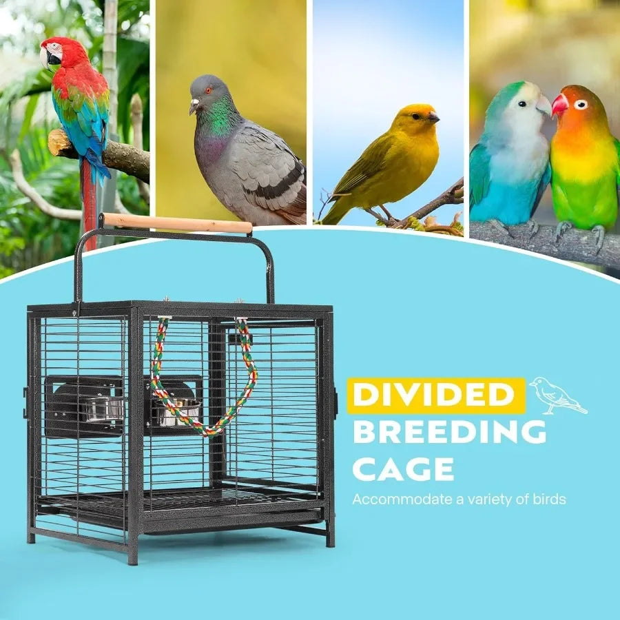 19 Inch Wrought Iron Bird Travel Carrier Cage for Parrots Conures Lovebird Cockatiel Parakeets Black Ideal for Air Travel and O