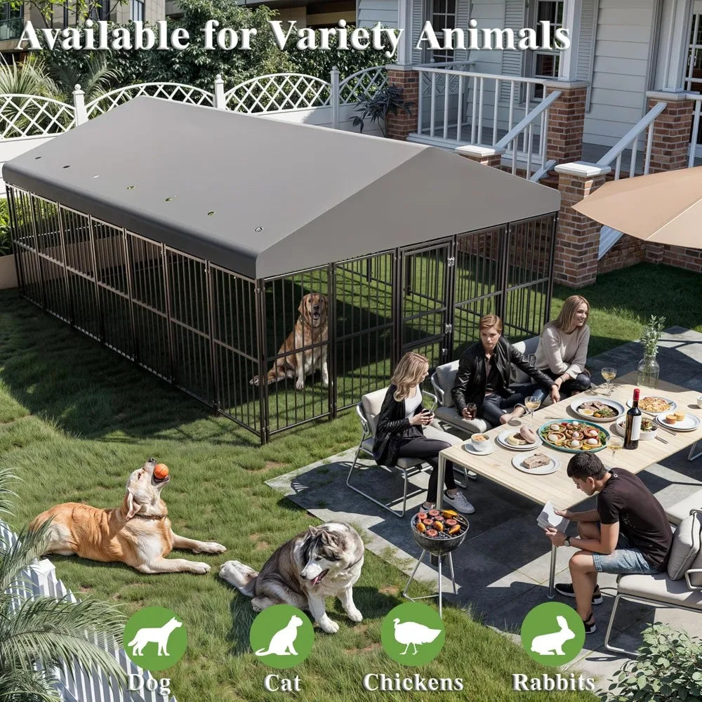 Large Dog Kennel Outside,with Feeding Door, Outdoor Dog Run,Heavy Duty Dog Cage