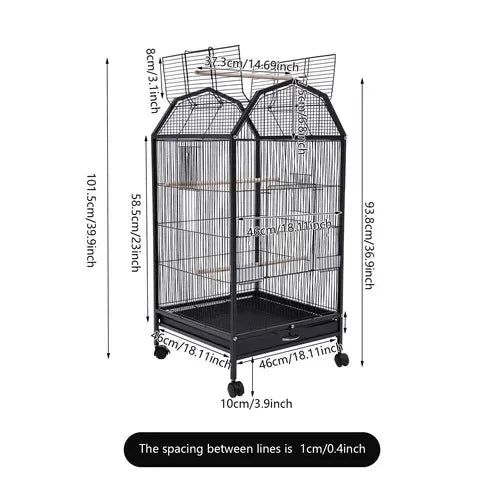 40 Inch Wrought Iron Bird Cage with Open-Top and Rolling Stand, Movable Parrot Cage Pet Bird Flight Cage, 360 Degree View