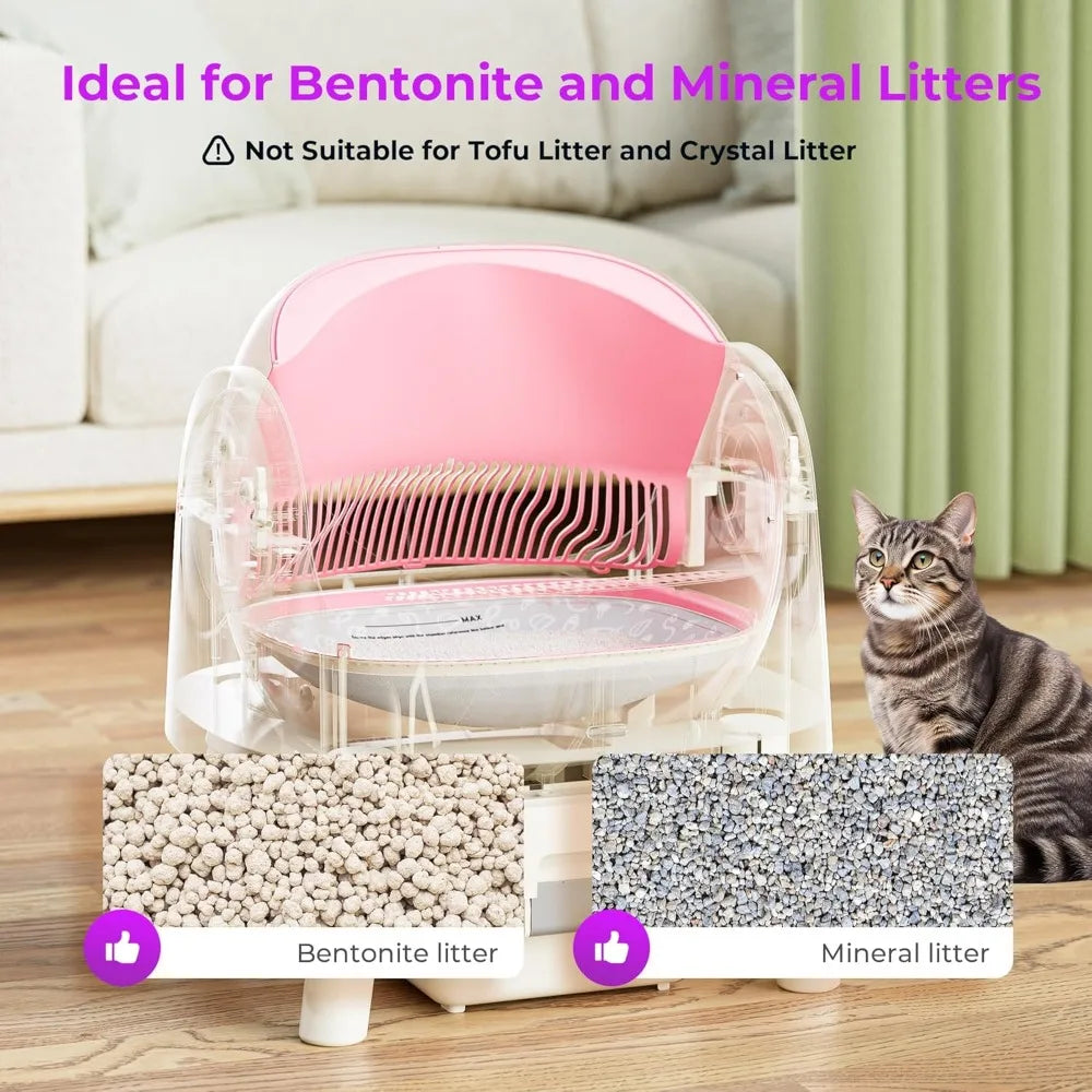 Cleaning Cat Litter Box, Open Top Automatic Litter Box for Multiple Cats, Liners and Mat Included, Pink