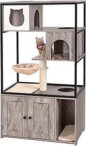 Wooden Cat Washroom Furniture - Enclosure with Hidden Litter Box, Condo, Hammock, Scratching Mat and Storage Shelves