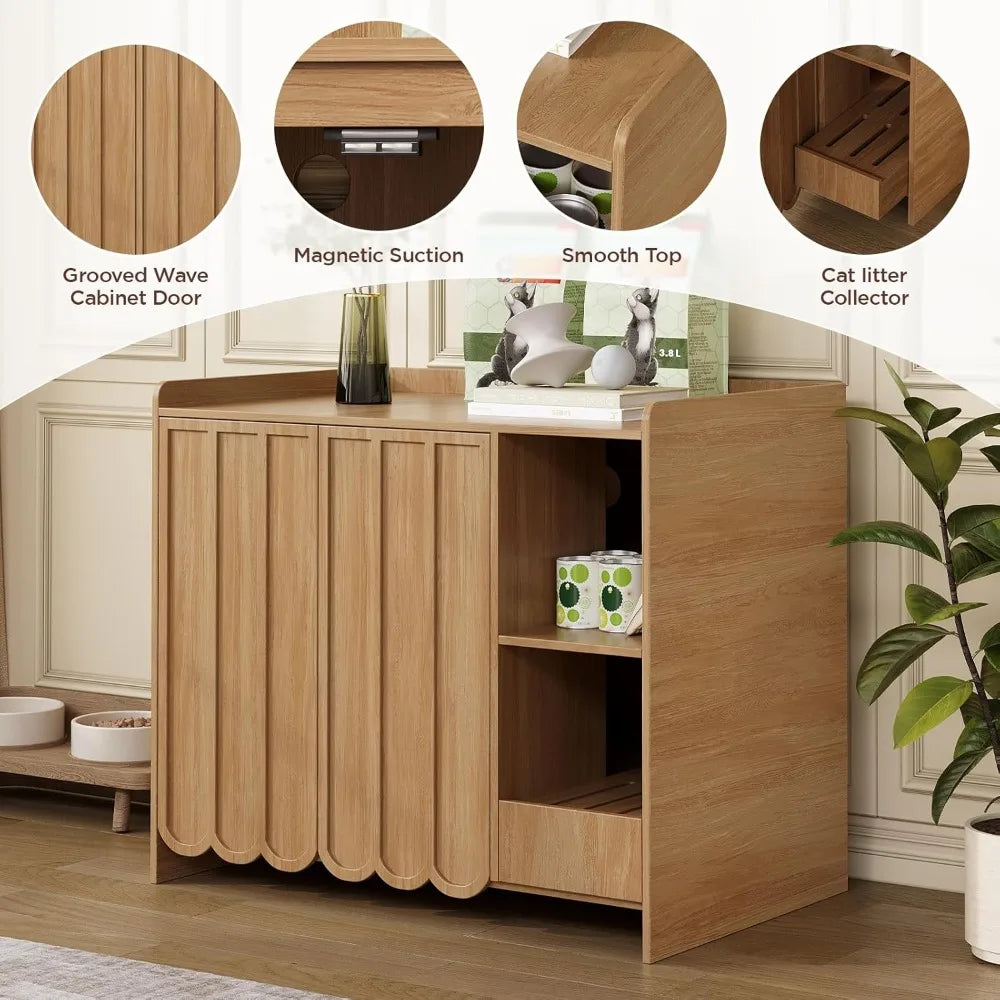 Large Cat Litter Box Enclosure, Hidden Litter Box Furniture with Removable Litter Collector & Dog-Proof Shelf, Modern Wooden Cat