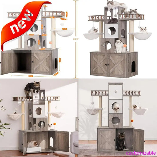 2025new-Sturdy Indoor Cat Tree with Litter Box Enclosure, Suitable for Large Cats Up to 20lbs, Modern Cat Condo Furniture