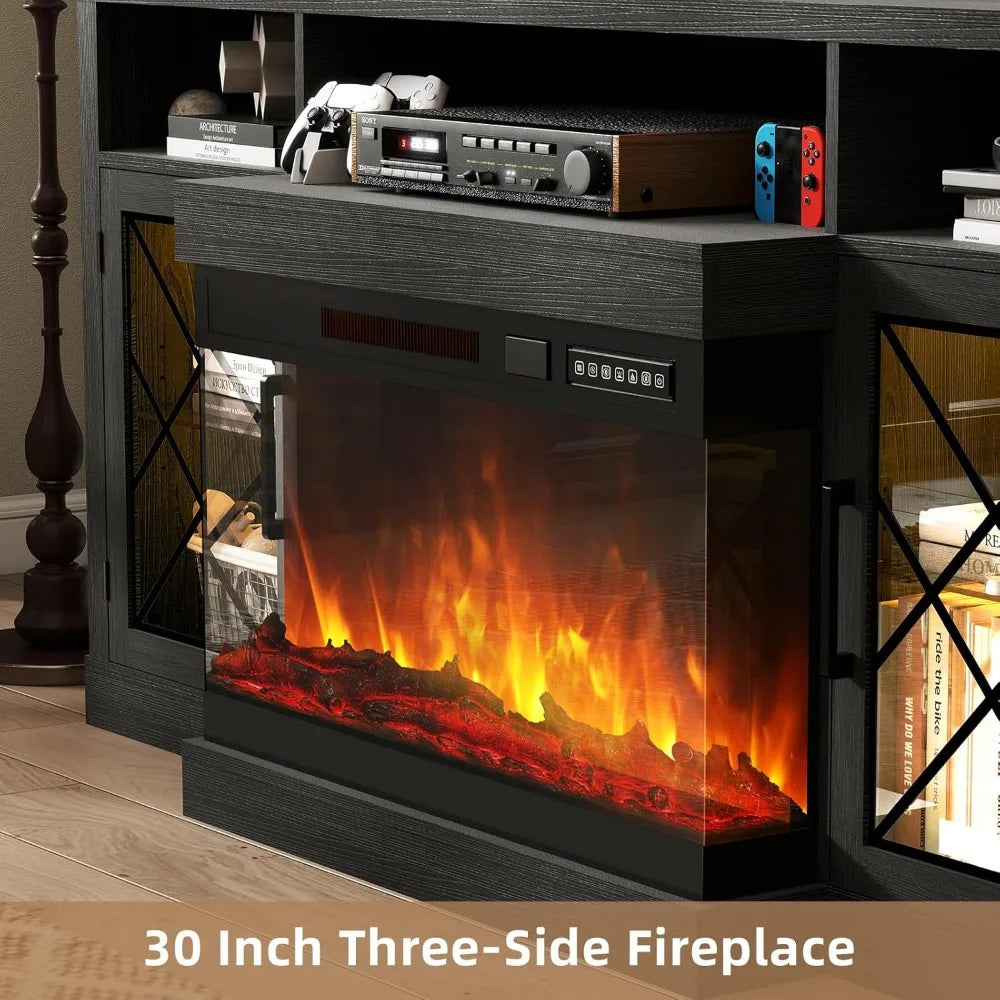 Black 3 Sided Fireplace TV Stand with Led Lights and Outlets-Entertainment Center for Up to 75 inch TV-Modern TV Console for Liv