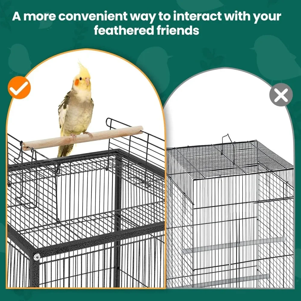 35 inch Wrought Iron Bird Cage w/Play Open Top and Rolling Stand for Small Birds Like Parrots Conure Lovebird Cockatiel
