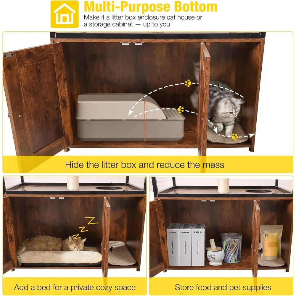 Wooden Cat Washroom Furniture - Enclosure with Hidden Litter Box, Condo, Hammock, Scratching Mat and Storage Shelves