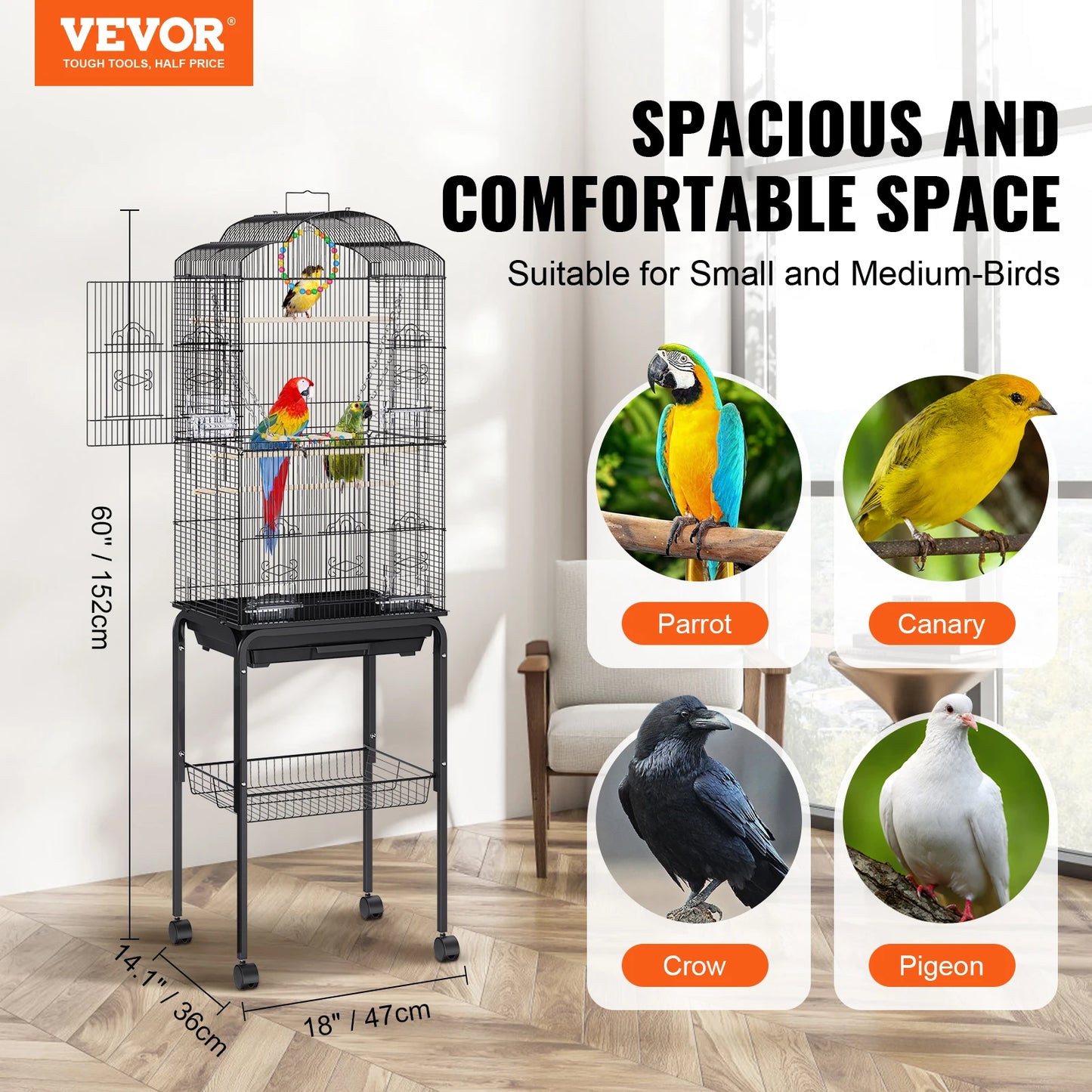 60", 30" Flight Bird Cage Metal Large Parakeet Cages for Cockatiels Parrot