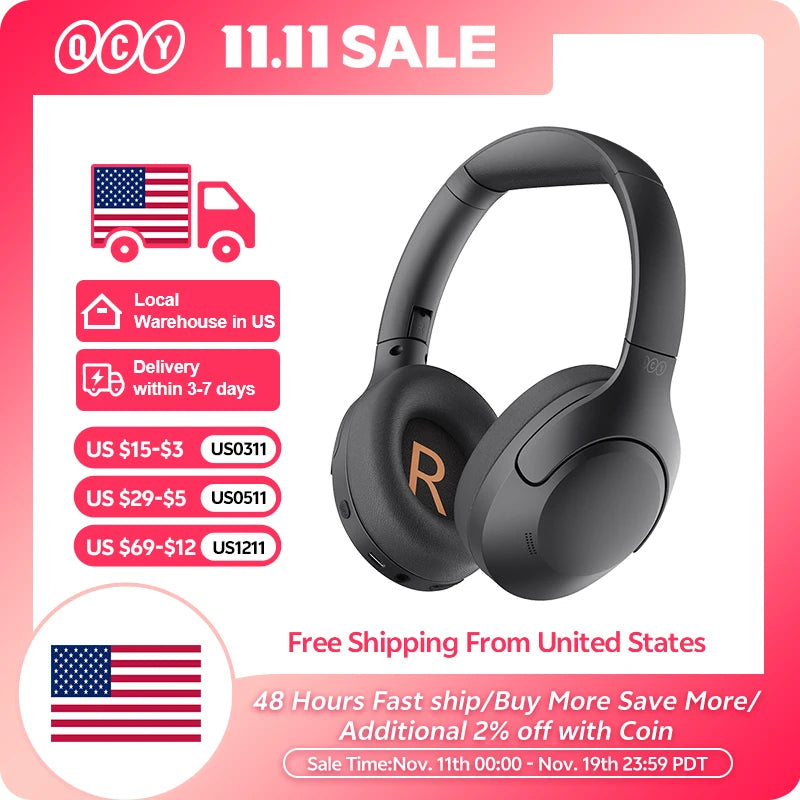 Wireless Headphones Bluetooth 5.3 Active Noise Cancelling Over Ear Headset 40mm Driver HiFi Sound Earphones