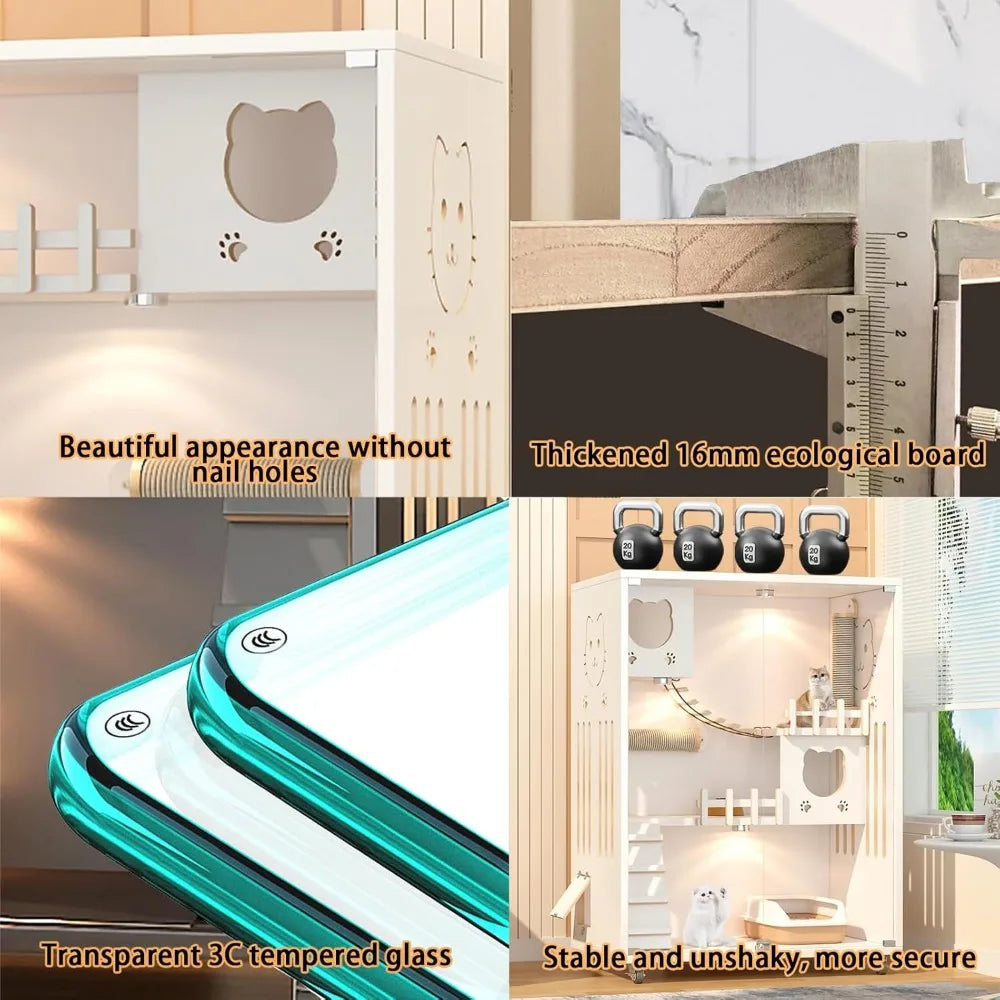 Large Luxury Wood Cat House, Indoor/Outdoor Cat Cage Large Space with Wheels, Multi-Feature Enclosed Cat Condo for Indoor Cats V