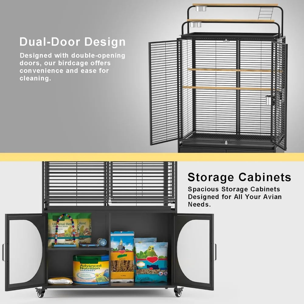 72-Inch Bird Cage with Play Top, Parakeet Cage with Rolling Storage Cabinet Extra Large with Cover for Parrot, Cockatiel, Budgi