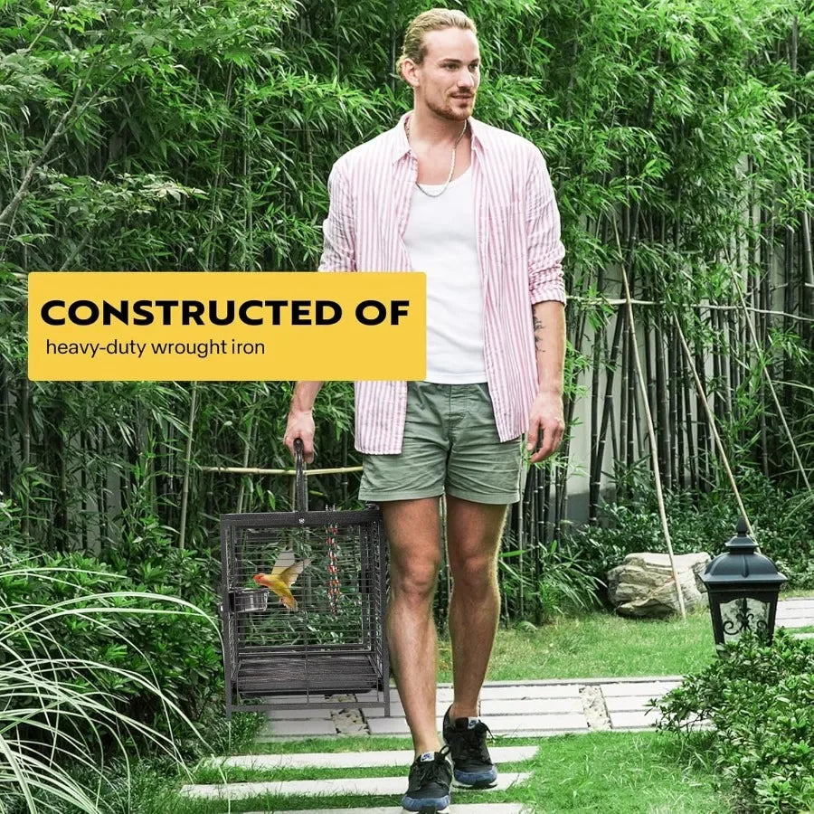 19 Inch Wrought Iron Bird Travel Carrier Cage for Parrots Conures Lovebird Cockatiel Parakeets Black Ideal for Air Travel and O