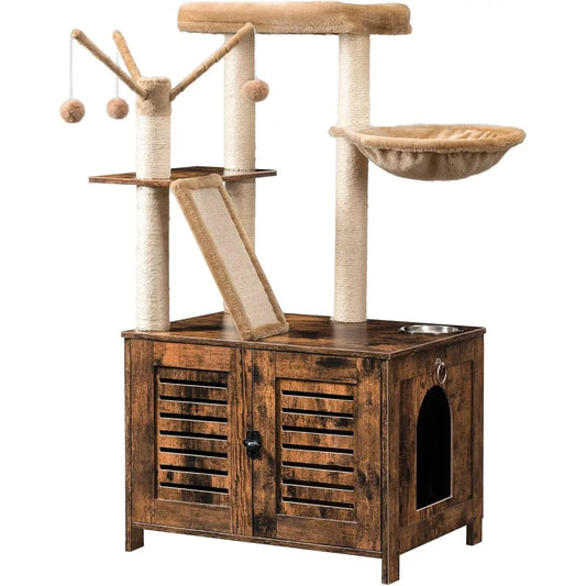 Cat Tree with Litter Box Enclosure, 44 Tall Wooden Cat Tower with Scratching Posts, Cat Hammock, Hidden Litter Box Furnit