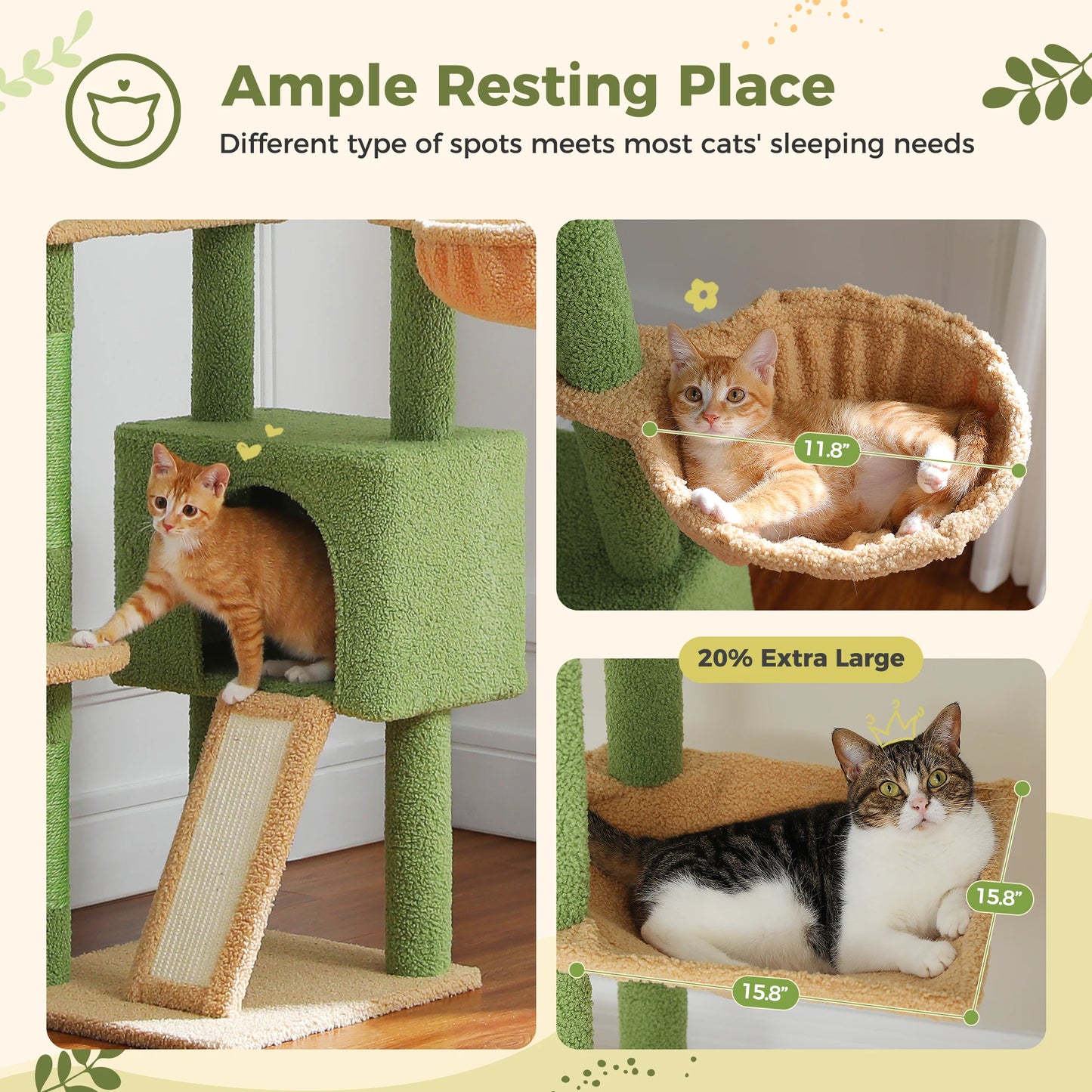 Floor to Ceiling Cactus Cat Tree Tower Adjustable Height with Cat Condo Cozy Hammock and Scratching Post Tall Activity Tree