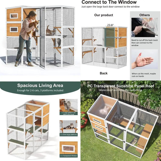 Large 4-Tier Outdoor Cat Enclosure with Weather-Resistant Roof and Indoor-Outdoor Connectivity
