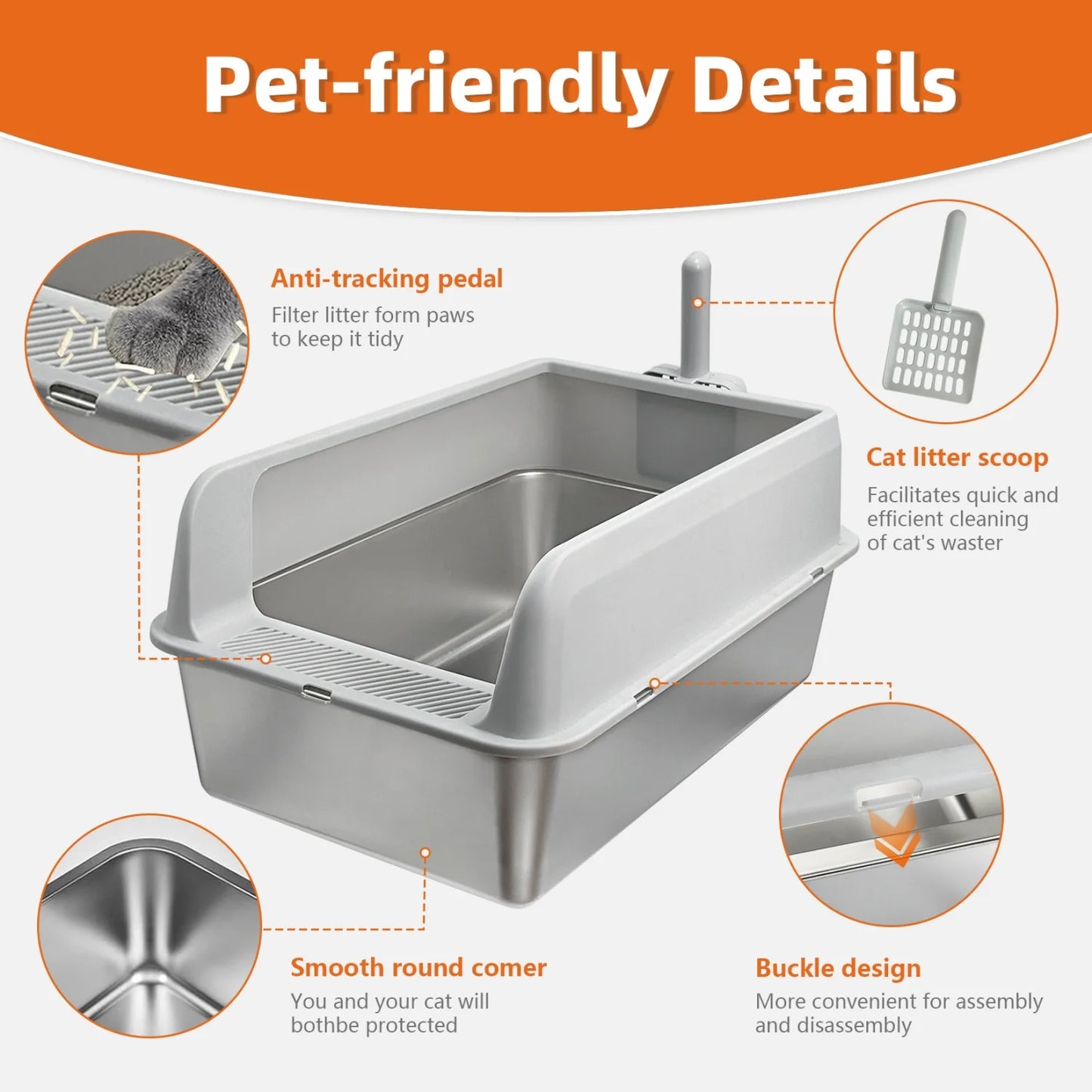 Large High-Sided Stainless Steel Cat Litter Box with Spoon for Small to Medium Sized Kittens Open Cats Litter Pan Easy Clean