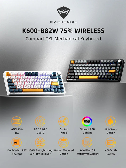 Machenike K600-B82W Mechanical Keyboard 75% ANSI Layout Gasket Mounted Web Driver Support RGB Backlit Wireless Gaming Keyboard