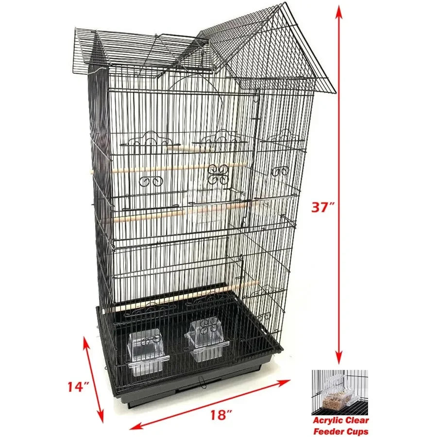 37Inch Portable Double Roof Top Hanging Flight Bird Cage with Playing Toys for Small Parrot Cockatiel Sun Quaker Parakeet Green