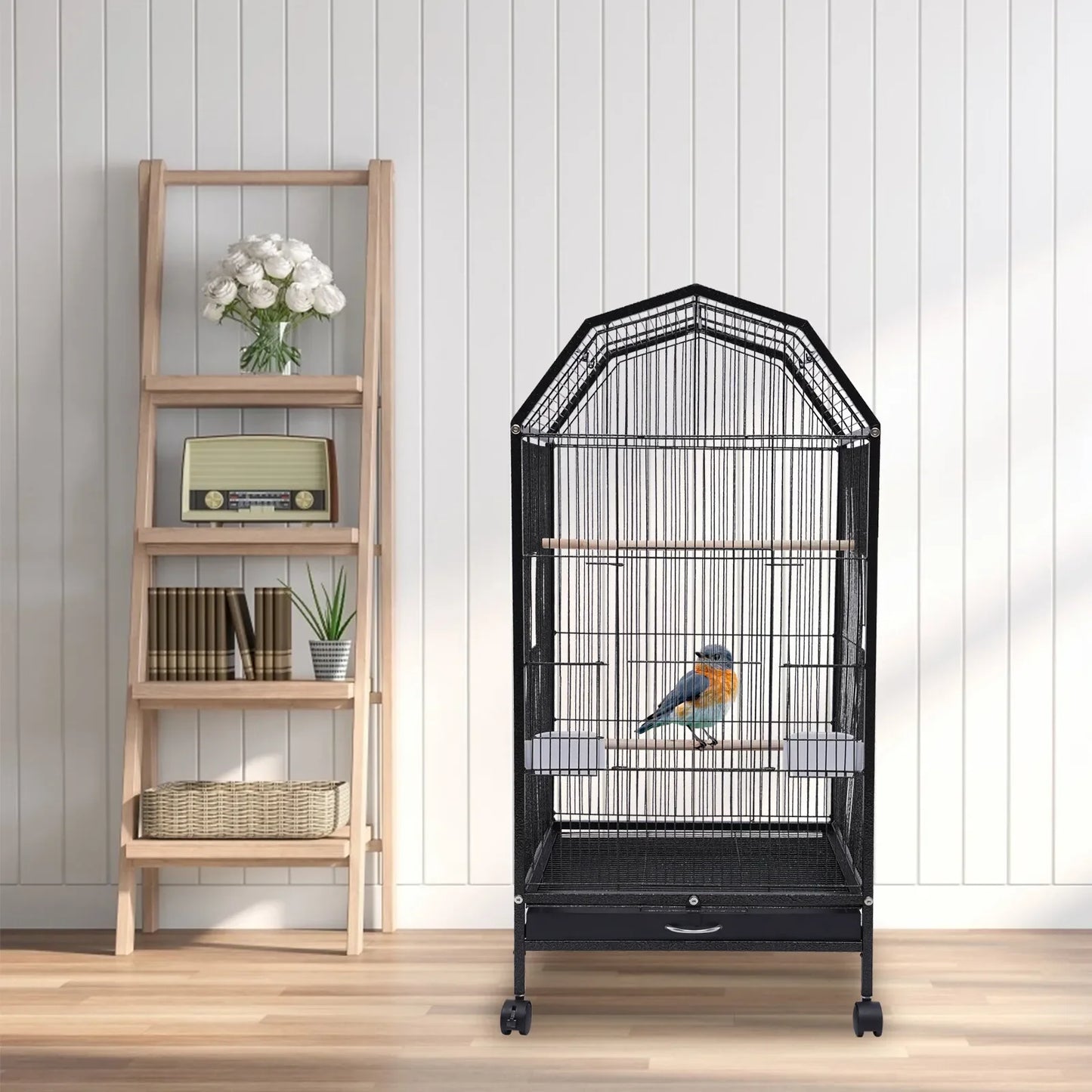 40 Inch Wrought Iron Bird Cage with Open-Top and Rolling Stand, Movable Parrot Cage Pet Bird Flight Cage, 360 Degree View