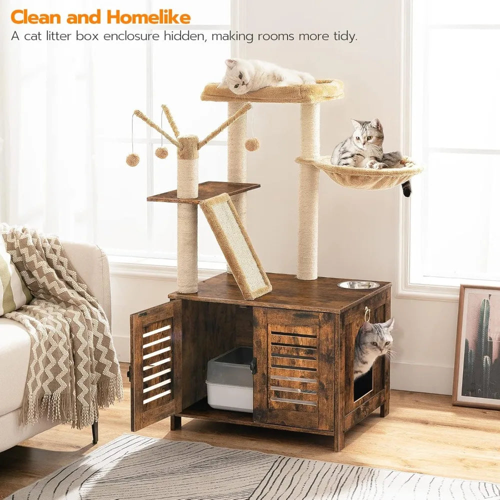 Cat Tree with Litter Box Enclosure, 44 Tall Wooden Cat Tower with Scratching Posts, Cat Hammock, Hidden Litter Box Furnit