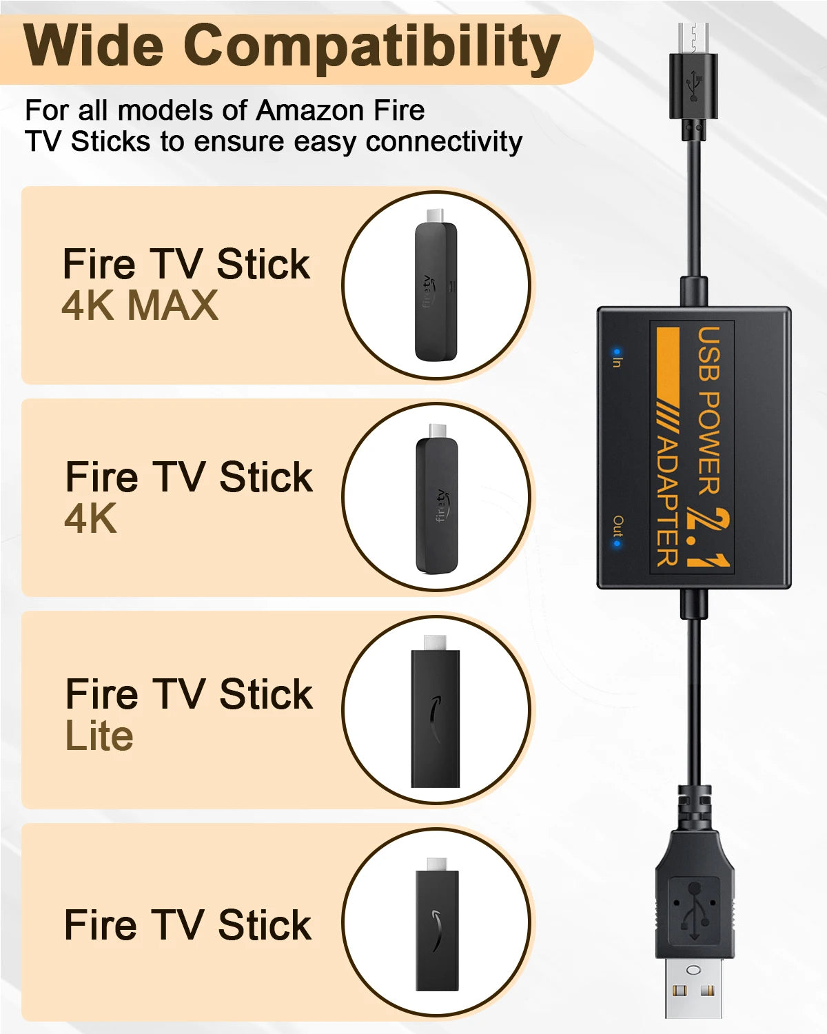 1800mAh Stabilized Supply USB Power Cable USB Power Cable for Amazon Fire TV Sticks Firestick Adapter Support 4K Video