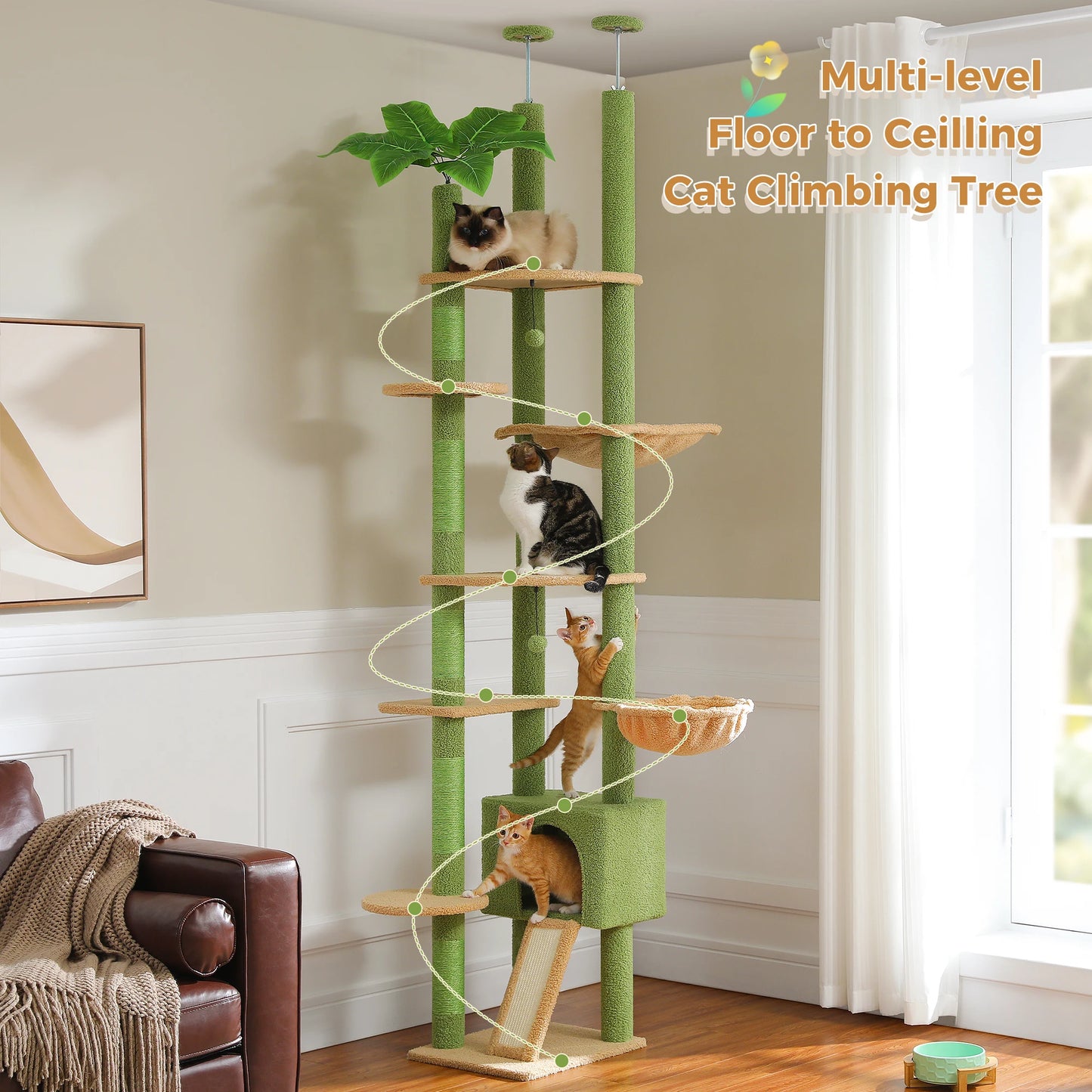Floor to Ceiling Cactus Cat Tree Tower Adjustable Height with Cat Condo Cozy Hammock and Scratching Post Tall Activity Tree