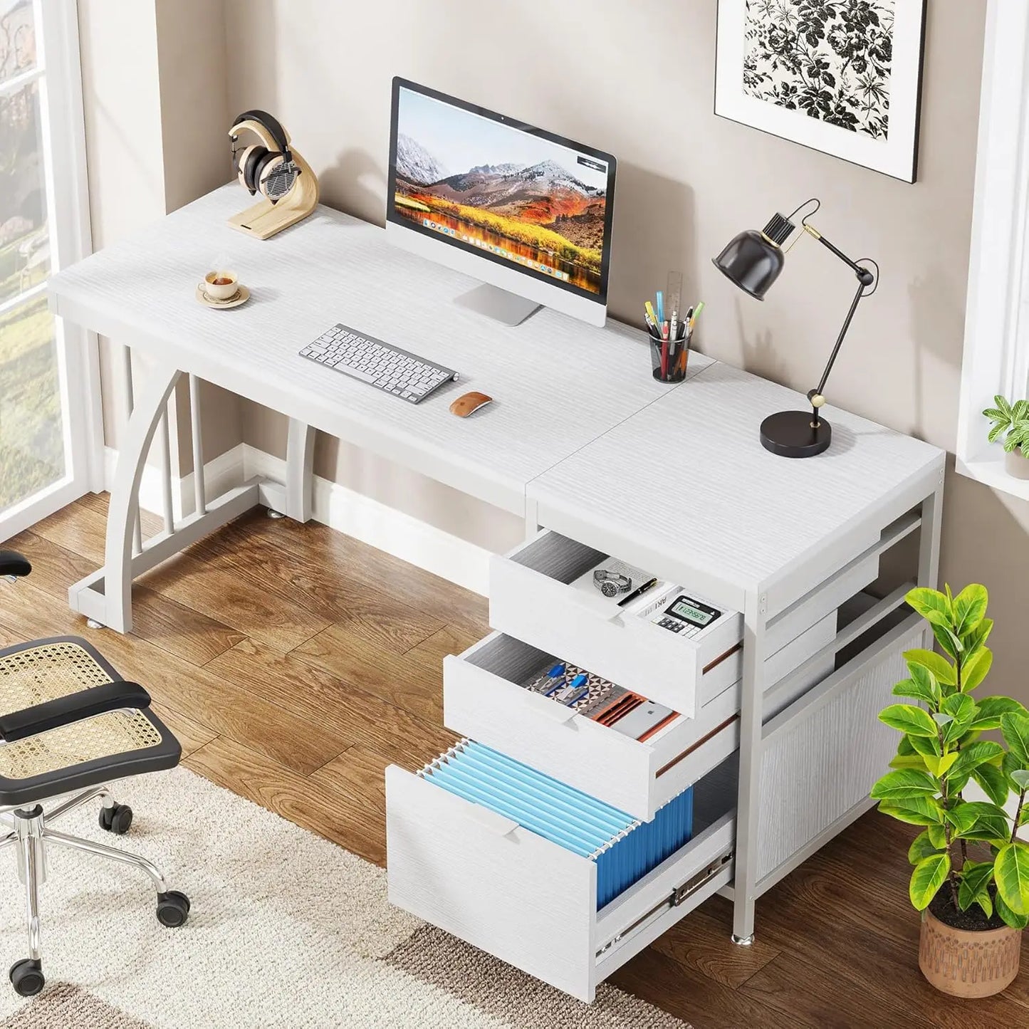 59 Inch Computer Desk with 3 Drawers, Study Writing Table Workstation with File Storage, Home Office Desks with Large Desktop