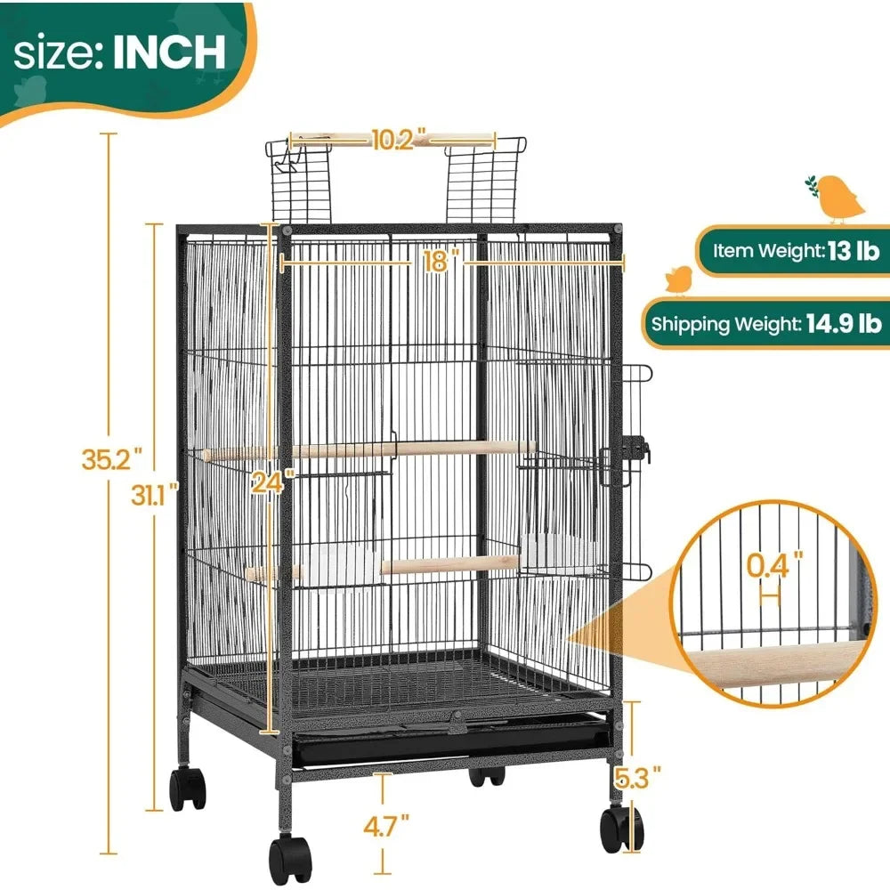 35 inch Wrought Iron Bird Cage w/Play Open Top and Rolling Stand for Small Birds Like Parrots Conure Lovebird Cockatiel