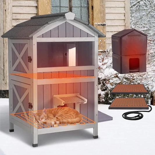 Heated Cat House Outdoor 2-Story Feral Cat Shelter Weatherproof with Electric Heating Blanket Large Acrylic Window Movable Floo