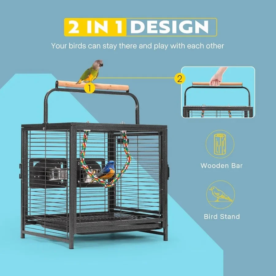 19 Inch Wrought Iron Bird Travel Carrier Cage for Parrots Conures Lovebird Cockatiel Parakeets Black Ideal for Air Travel and O