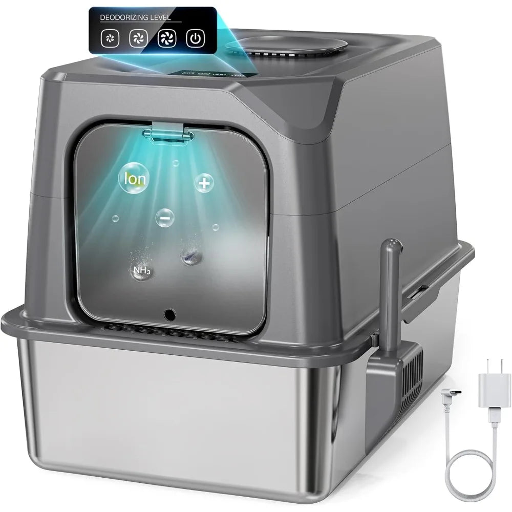 Odor Control XXL Stainless Steel Litter Box for Big Cats, Multiple Cats - Enclosed with Lid, Easy Clean, Anti-Urine Leakage