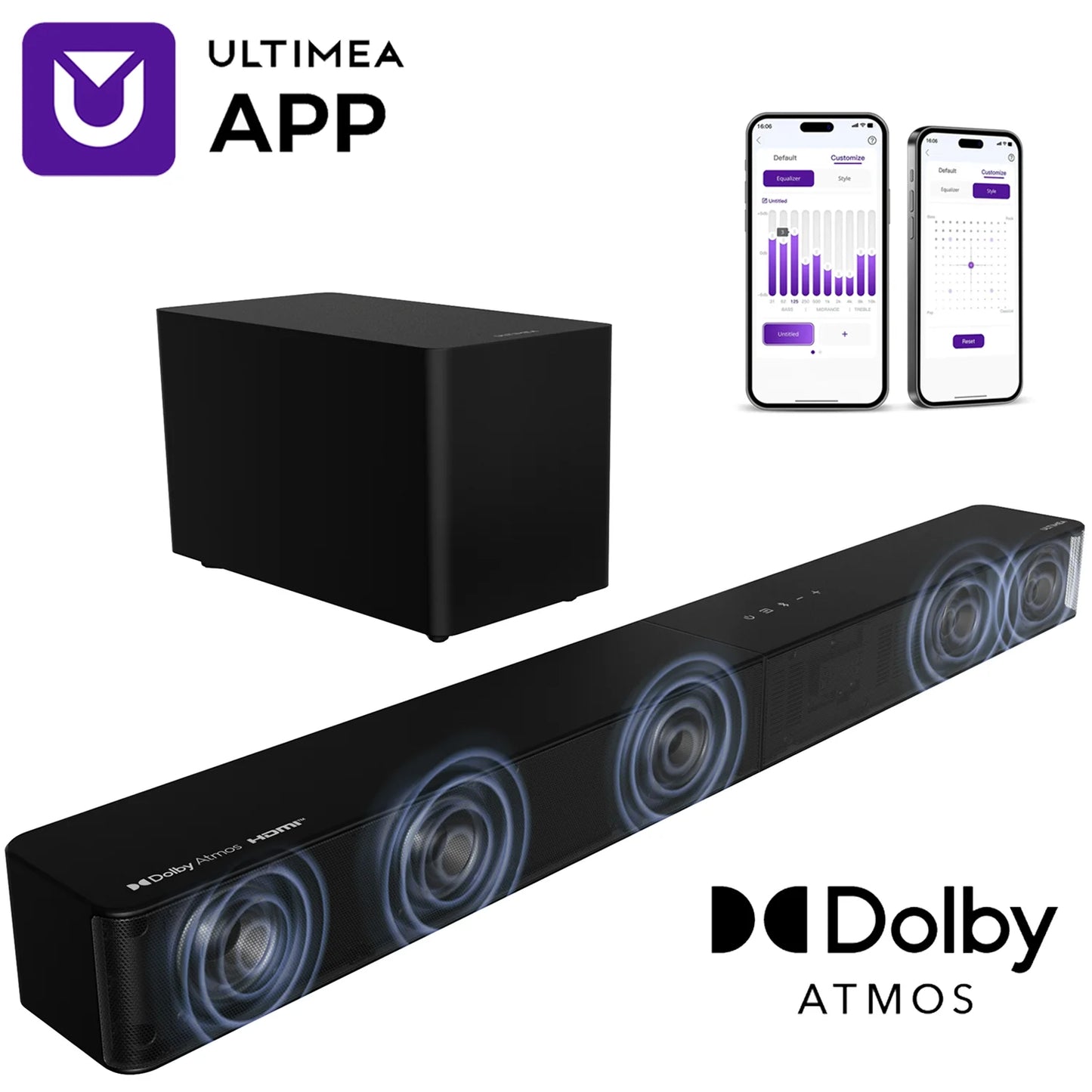 ULTIMEA 5.1CH Sound Bar with Subwoofer, Dolby Atmos, VoiceMX, BassMX, APP, 340W Soundbar for Smart TV, Home Theater Sound System