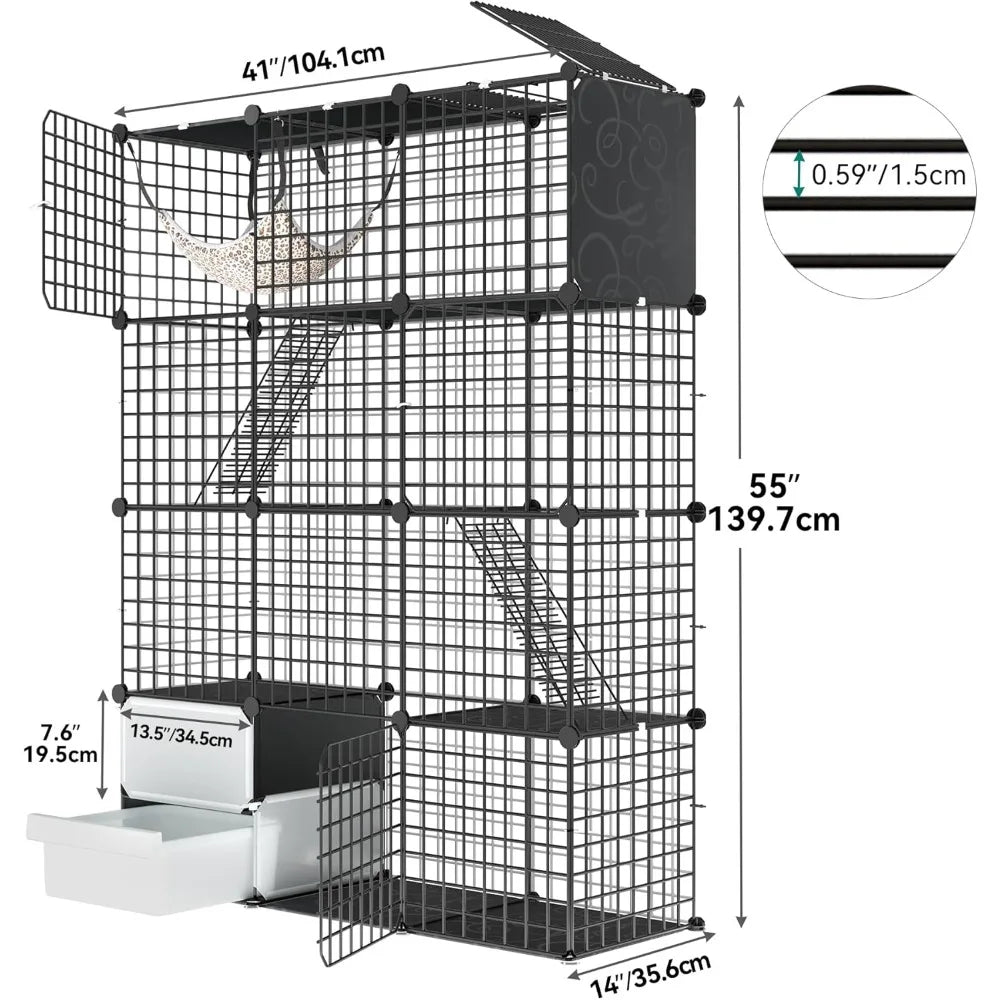 4-Tier Cat Cage with Litter Box: Kittens House Indoor Multi-Level Enclosure for 1-3 Small Cats, Black