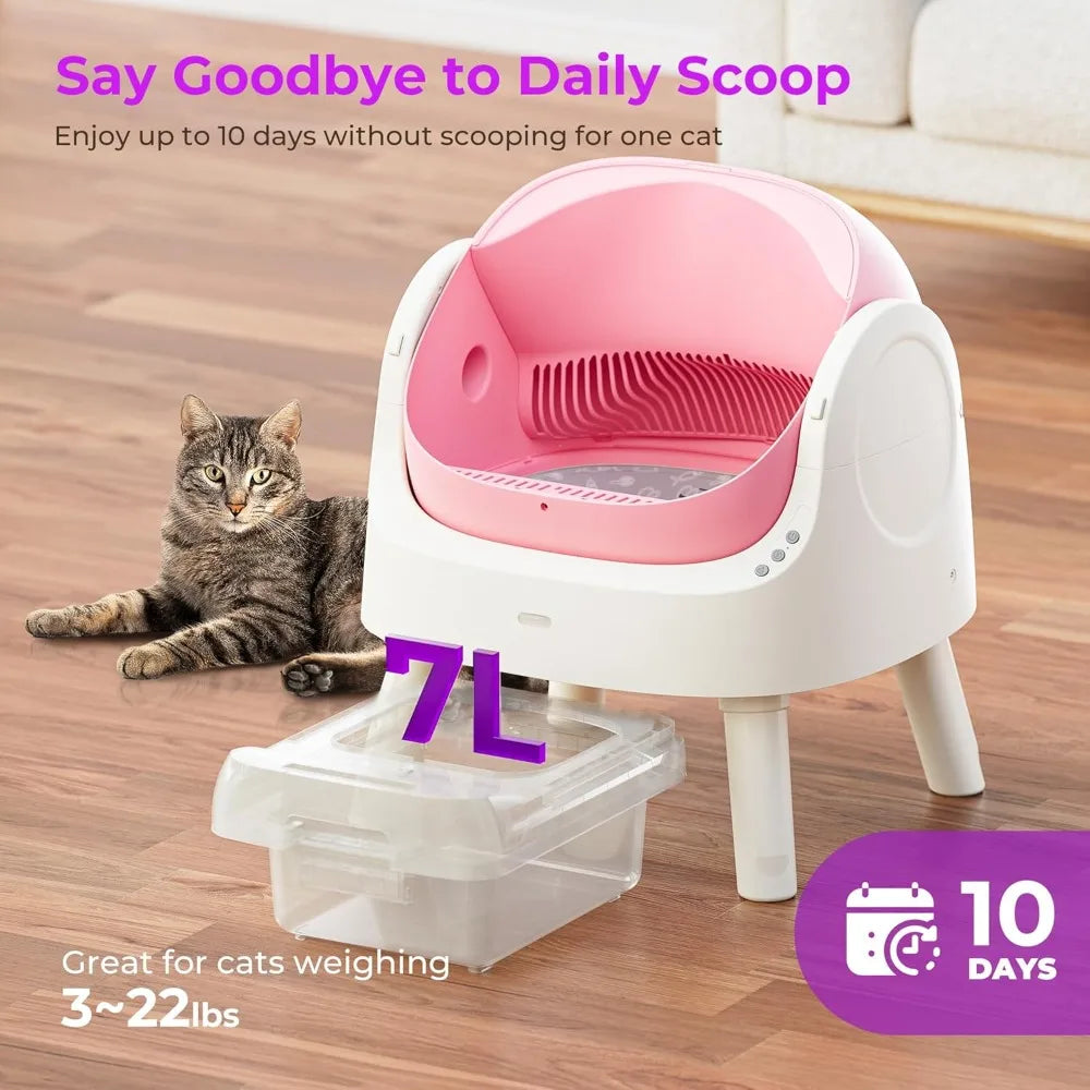 Cleaning Cat Litter Box, Open Top Automatic Litter Box for Multiple Cats, Liners and Mat Included, Pink