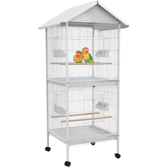 PawHut Wrought Metal Bird Cage Feeder with Rolling Stand Perches Food Containers Doors Wheels 67 H, White