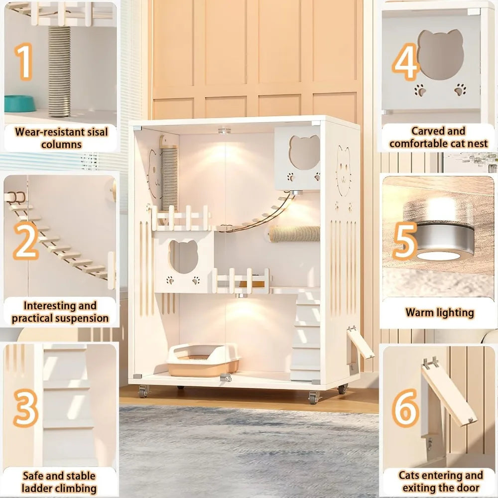 Large Luxury Wood Cat House, Indoor/Outdoor Cat Cage Large Space with Wheels, Multi-Feature Enclosed Cat Condo for Indoor Cats V