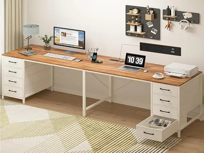 110" 2 Person Desk with 8 Drawers, Large Writing Home Office Desks with Outlets, I Shaped Workstation Double Desk Drawer Organi
