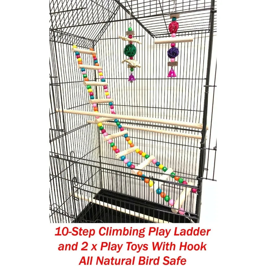 37Inch Portable Double Roof Top Hanging Flight Bird Cage with Playing Toys for Small Parrot Cockatiel Sun Quaker Parakeet Green