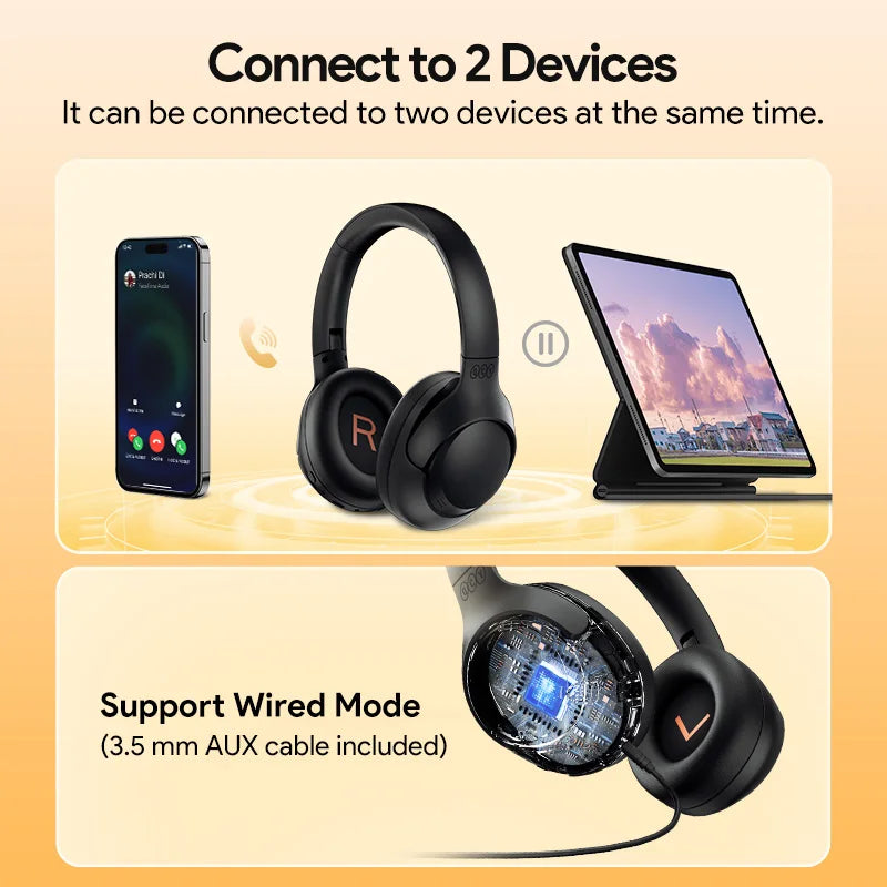 Hi-Res Audio Over Ear Headphones 43dB Hybrid Active Noise Cancellation Earphones Bluetooth 5.4 Foldable Headset 60Hrs