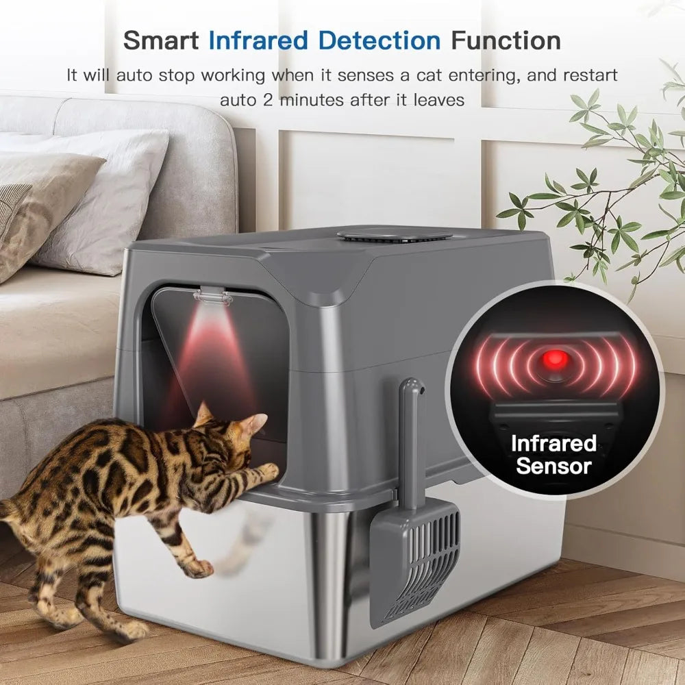 Odor Control XXL Stainless Steel Litter Box for Big Cats, Multiple Cats - Enclosed with Lid, Easy Clean, Anti-Urine Leakage