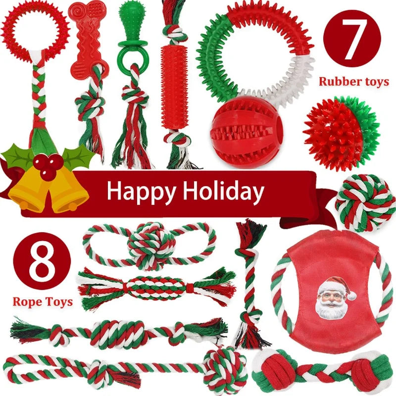 Christmas Dog Toys Bulk 15 Pack, Puppy Chew Toys for Teething Small Medium Puppies Including Variety Tough Rubber and Rope Toys