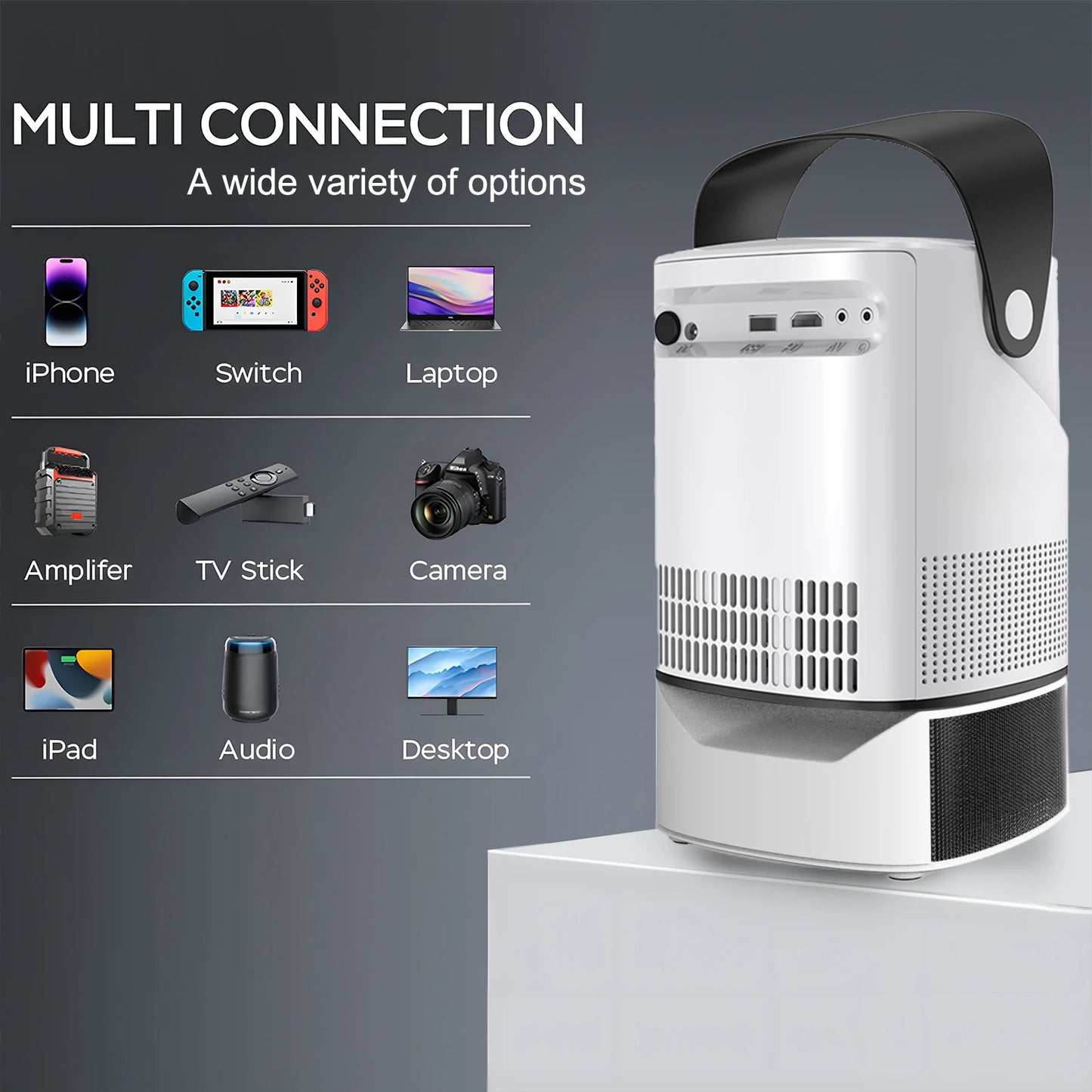 Projetor Android portátil, suporte nativo, suporte integrado para Home Theater, Wi-Fi, Bluetooth, HDMI,USB,PC, caixa de TV, TS2,
