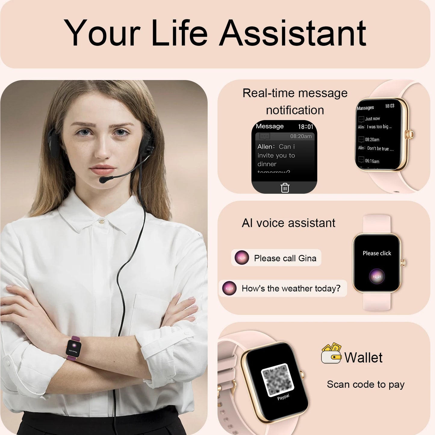 1.85"Smart Watch for Women/Men (Answer/Make Calls)Fitness Tracker Watch for iPhone/Android Phones, Pedometer, QR Code Payment/Sp