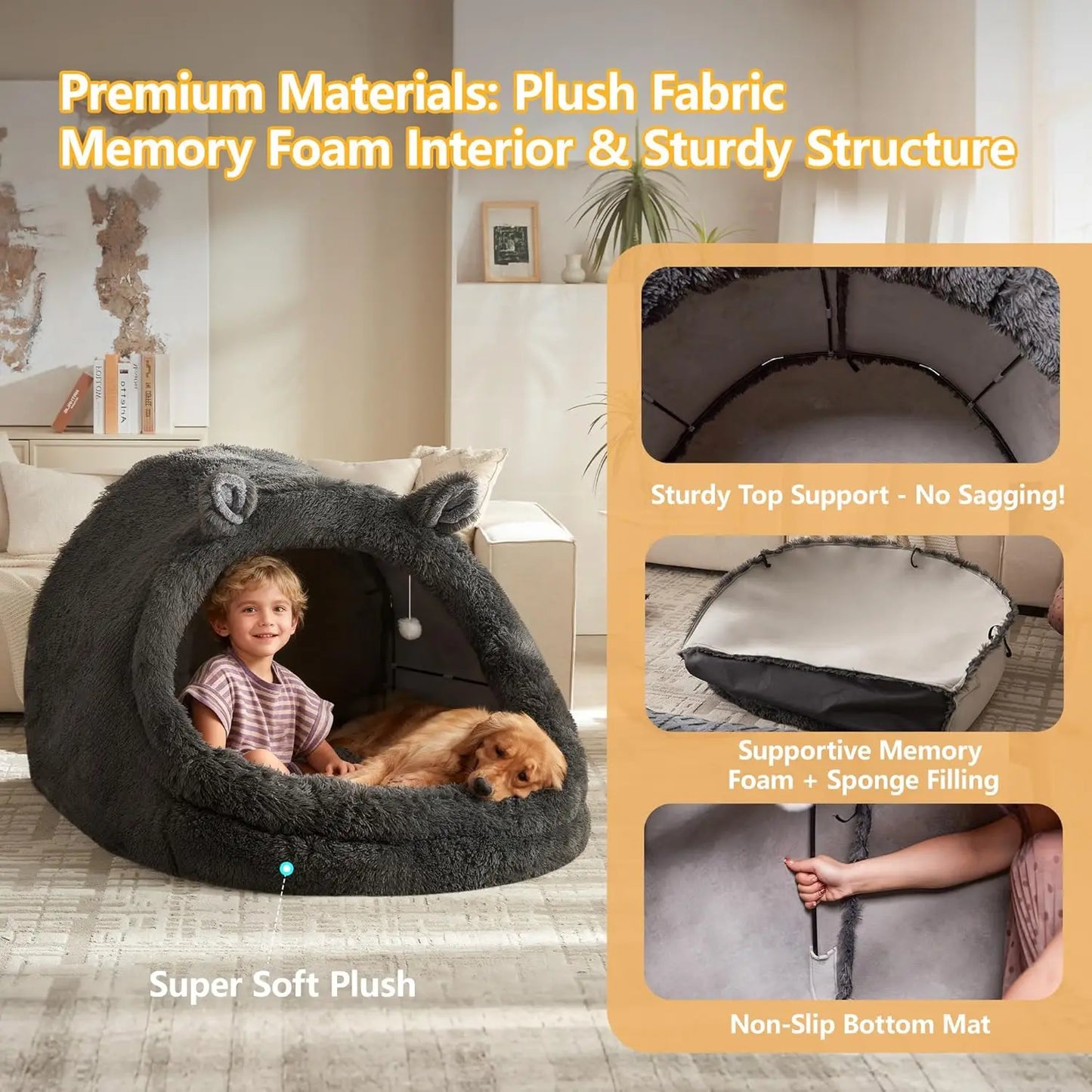 Jumbo Plush Pet Bed with Canopy - 55'x43'x35', Gray, Removable Pillow & Blanket, Machine Washable, Bunny Ear Design