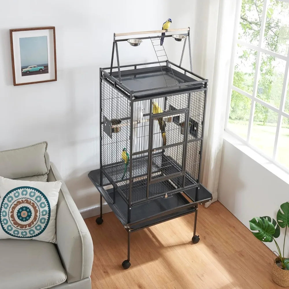 Large Bird Cages Parrot Cage Wide Flight Metal Animal Cage for Budgie Parakeet Conure with Rolling Stand Wheels (69 inch Height